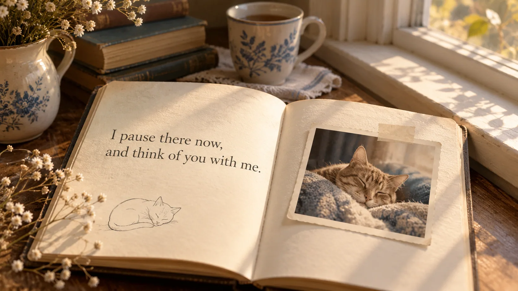 Cat Memorial Poems: Original Words to Remember Your Cat An open notebook displays a line from The Window beside a small cat photograph and morning light.