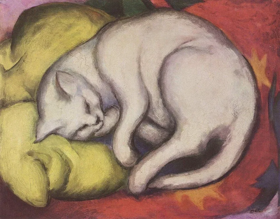 Franz Marc's white cat curls on a yellow cushion surrounded by red, with its dark tail following the curve of its body.