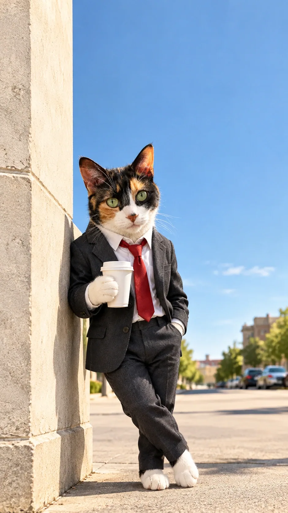A suited cat leans on a sunlit street wall with a takeaway coffee. of the same calico shorthair