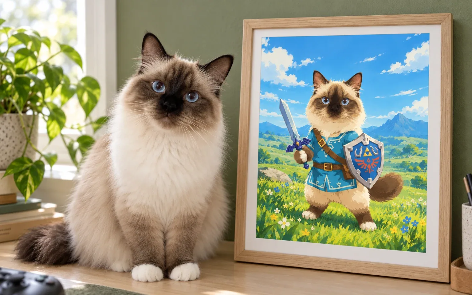 The same seal-point Birman in a natural home pose beside its framed zelda master sword digital portrait