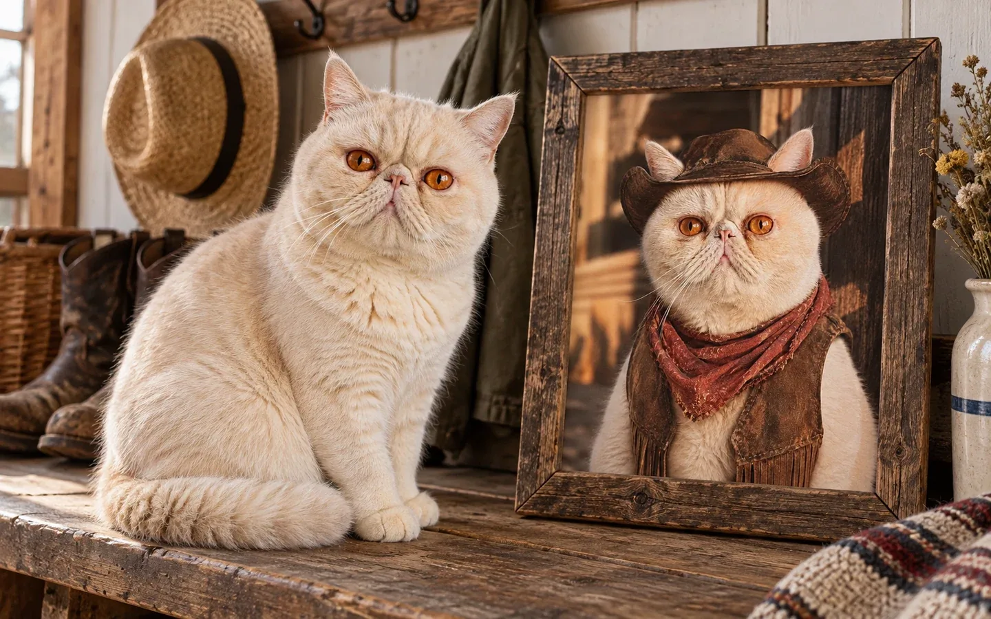 cream Exotic Shorthair cat beside its framed portrait in a home display