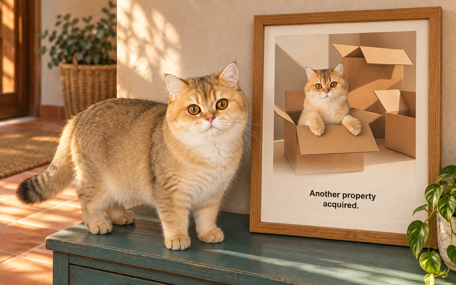 The same golden british longhair in a natural home pose beside its framed cardboard property tycoon cat portrait