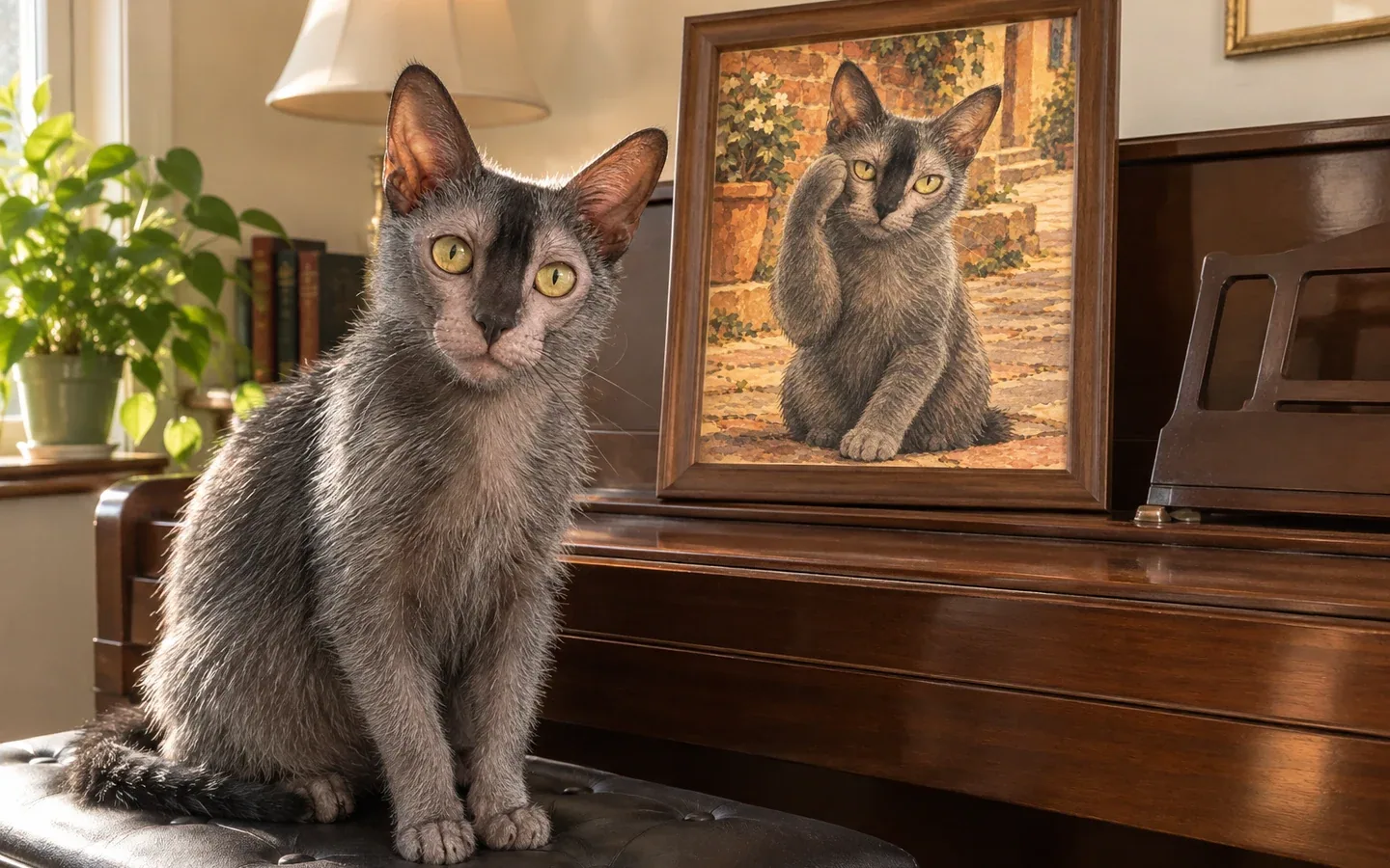 lykoi cat beside its framed portrait in a home display
