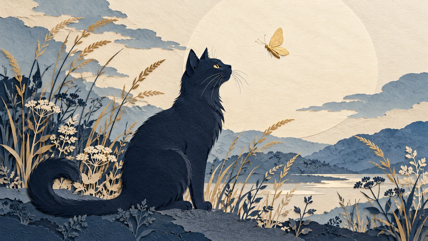 An indigo paper-cut cat watching a gold moth among layered wild grasses