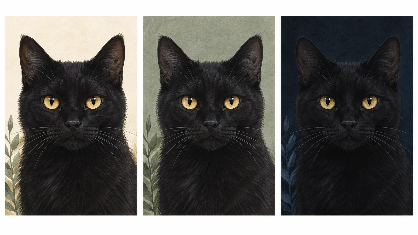 Black-cat head illustrations against cream, sage and navy backgrounds, showing different silhouette separation.