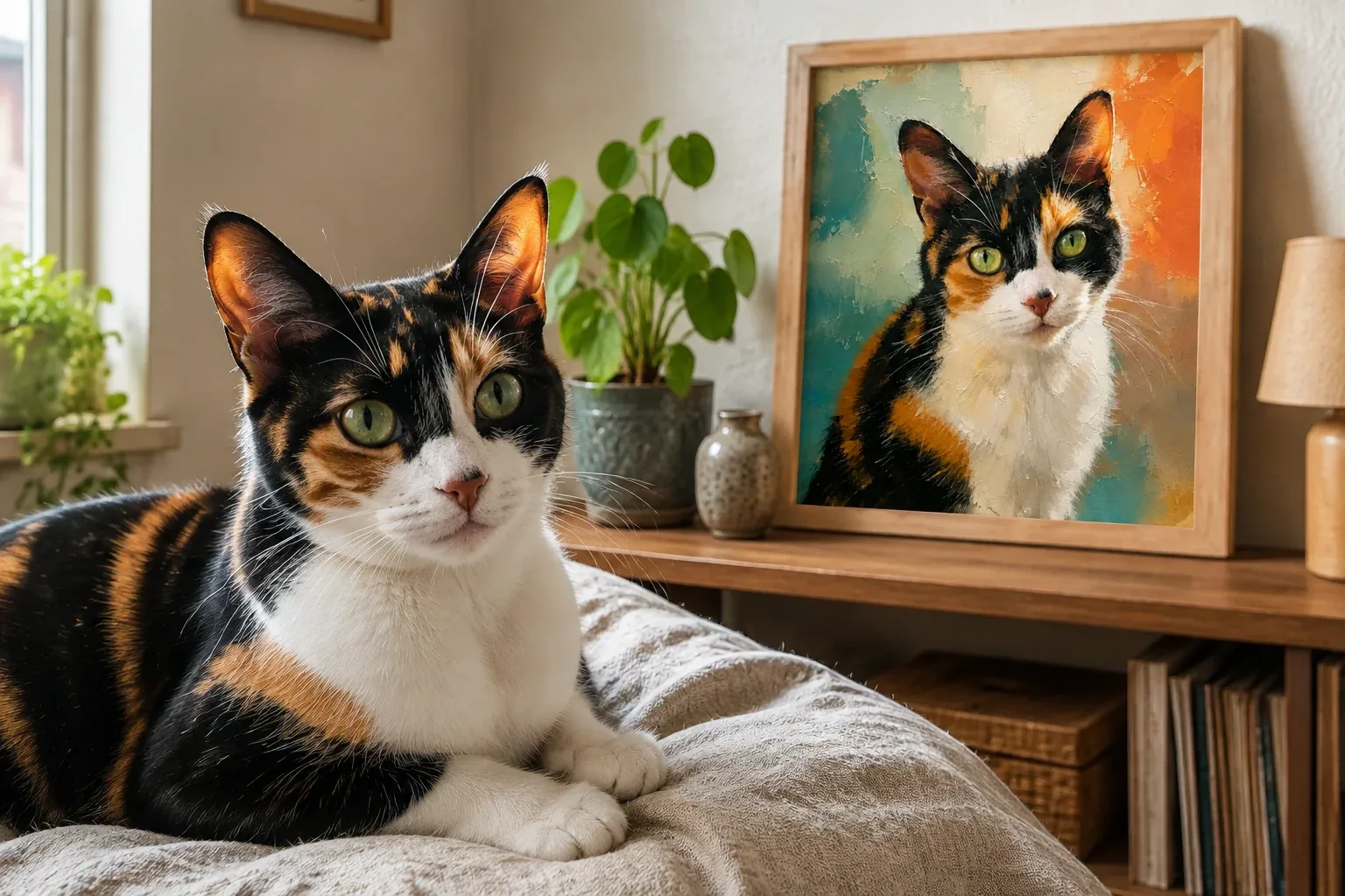 calico shorthair cat beside its framed portrait in a home display