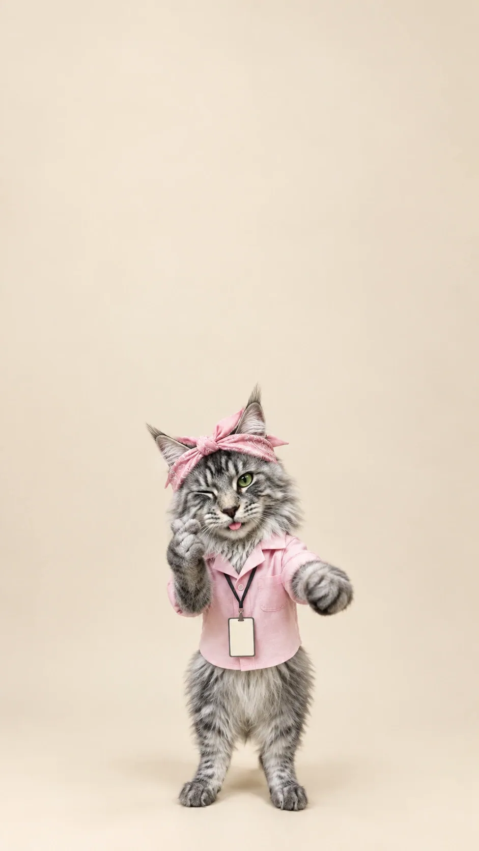 A full standing cat in a pink shirt gives a cheeky wink and a tiny finger-heart paw gesture. of the same silver tabby maine coon