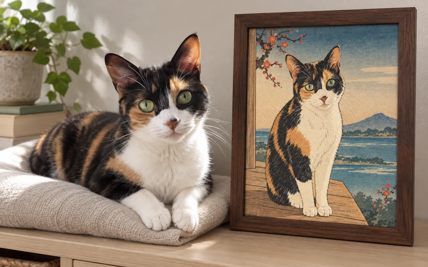 Calico cat beside its framed portrait in a home display