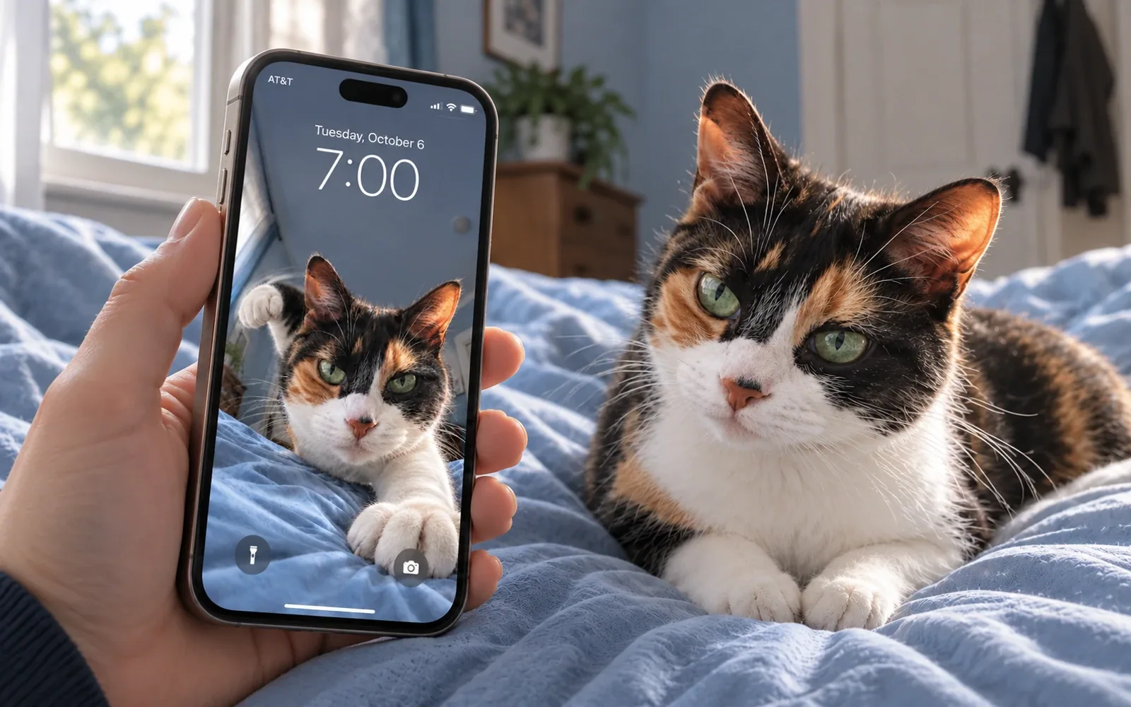 A hand holding a titanium iPhone with the 7:00 fist-cat wallpaper beside the same calico resting on a blue duvet