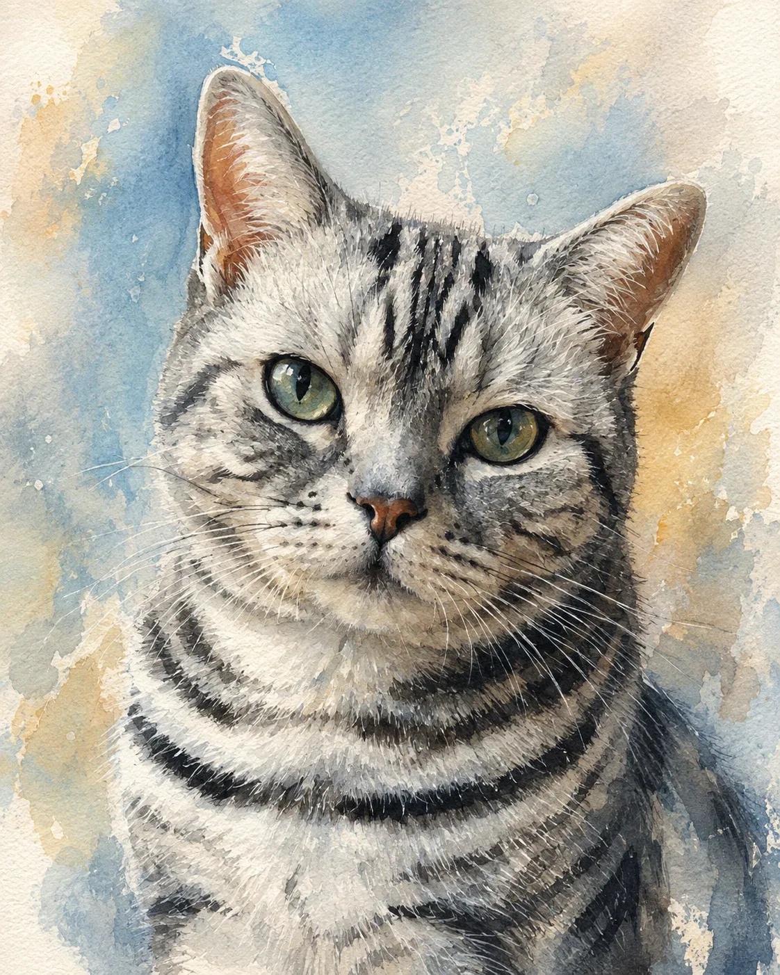 A watercolor-style silver tabby with green eyes, both ears visible, and blue and cream washes around its head.