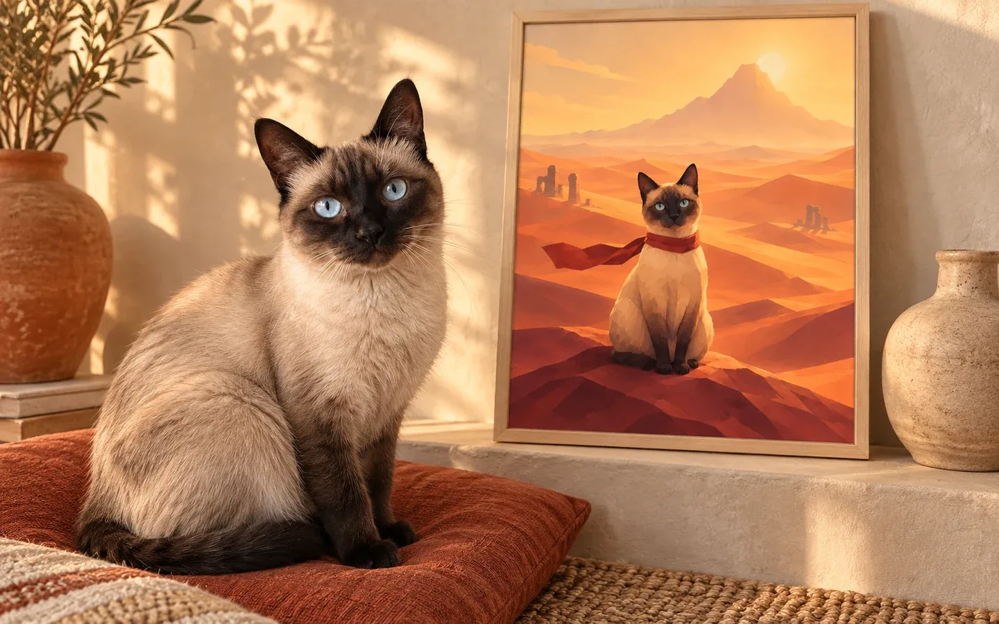 seal-point Siamese cat beside its framed portrait in a home display