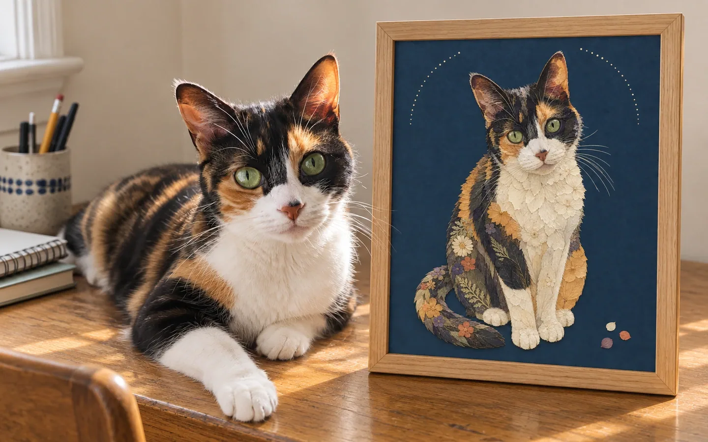 A calico cat relaxing beside its framed digital pressed-flower collage on a home writing desk