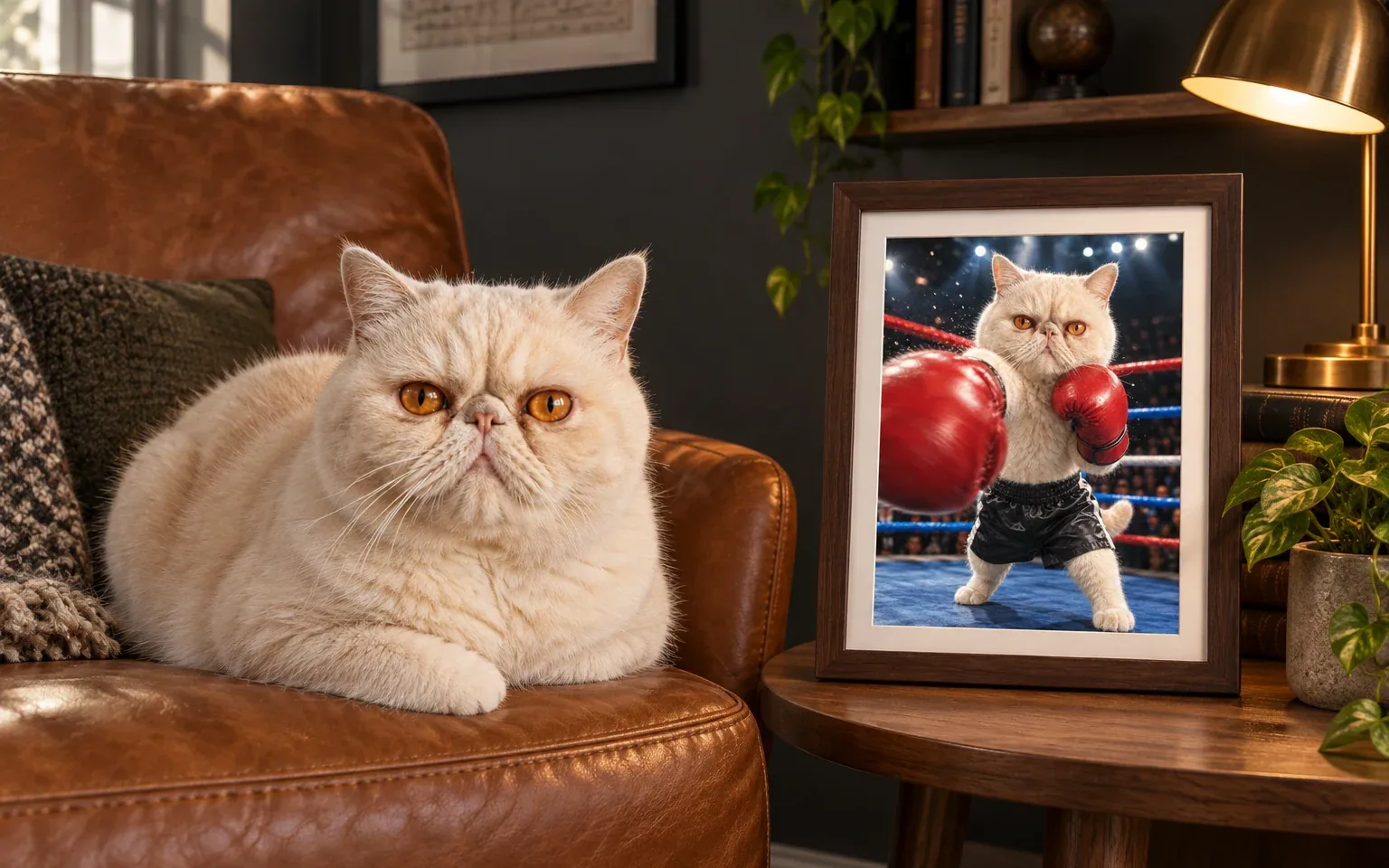 The same cream Exotic Shorthair in a natural home pose beside its framed boxing knockout digital portrait