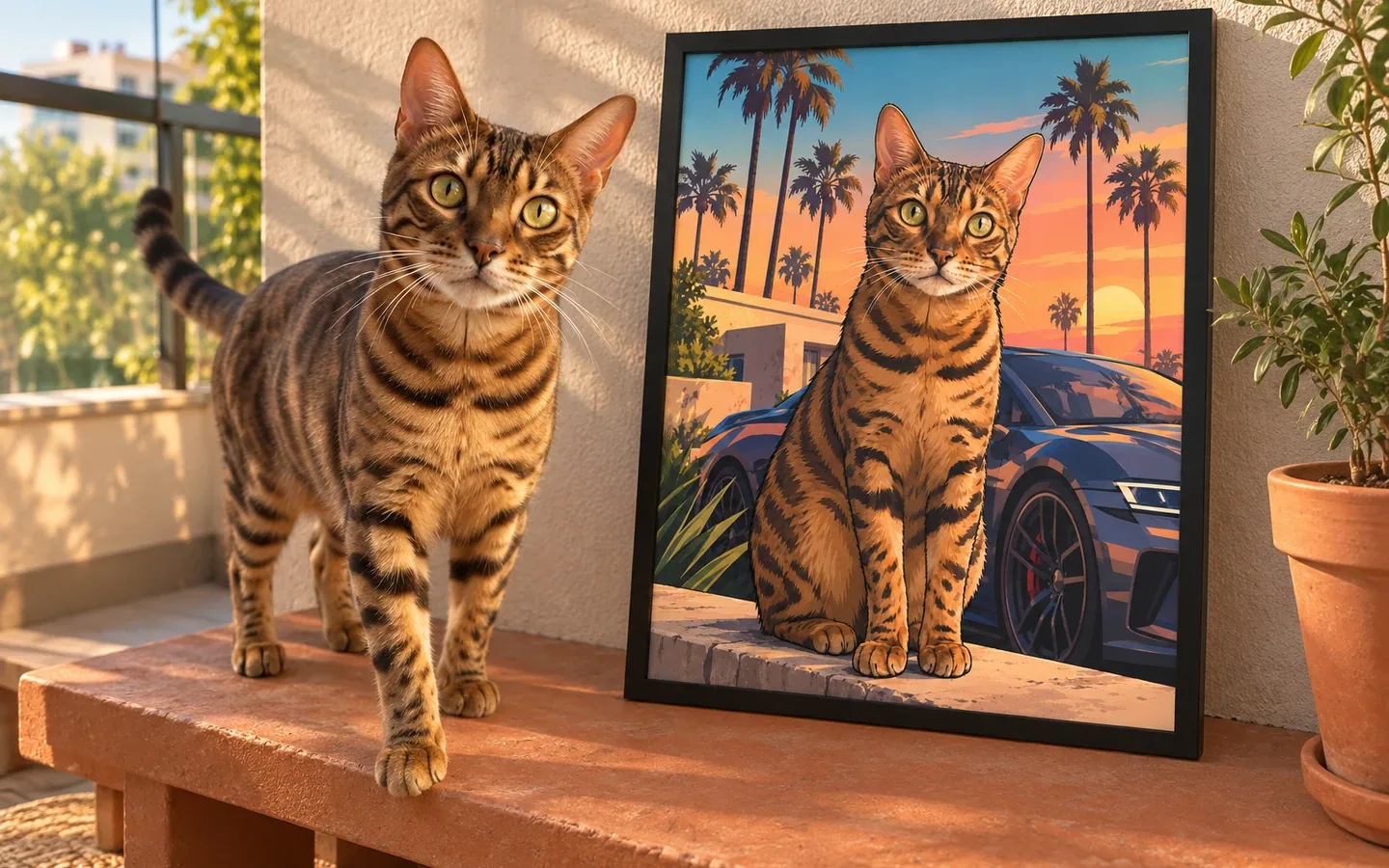 Bengal cat beside its framed portrait in a home display