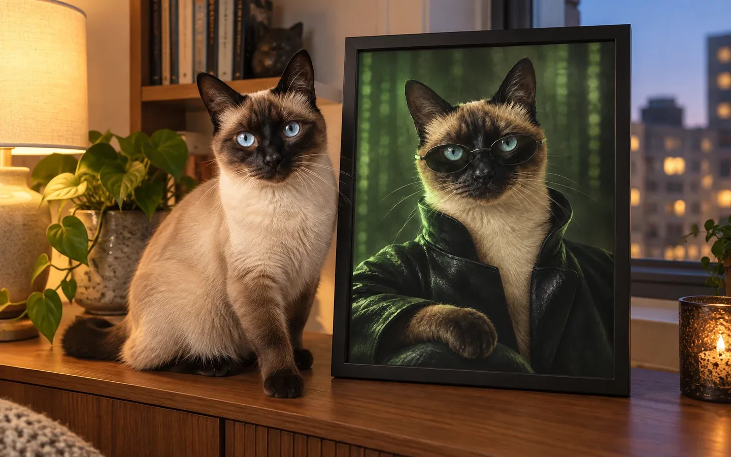 siamese cat beside its framed portrait in a home display