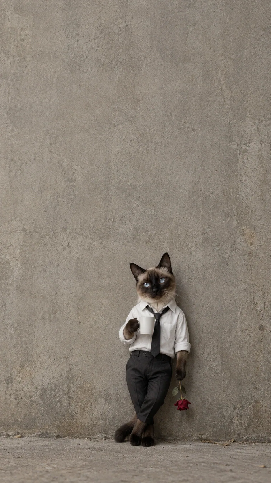 A tired cat in a loose tie holds coffee and a drooping rose beside a concrete wall. of the same seal-point siamese