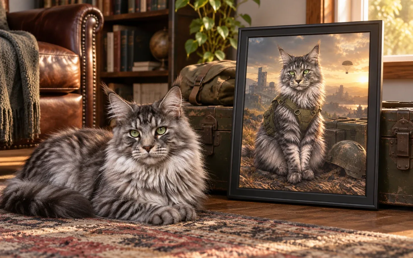 silver tabby Maine Coon cat beside its framed portrait in a home display