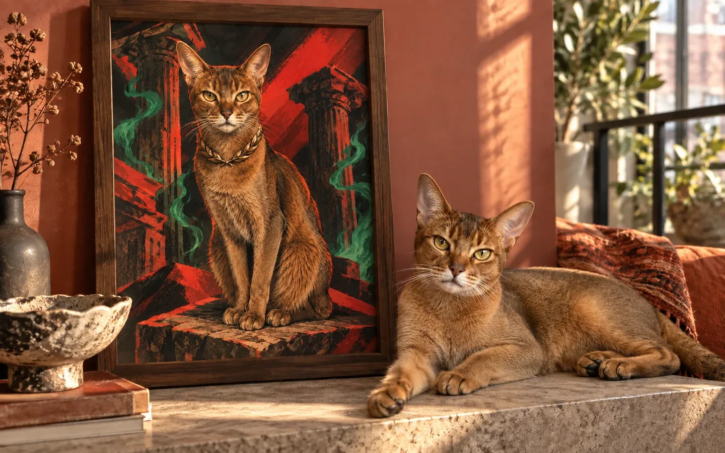 ruddy Abyssinian cat beside its framed portrait in a home display