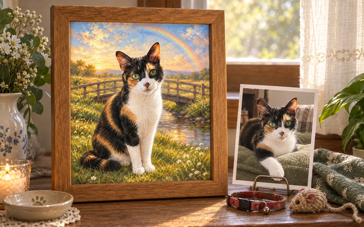 Framed Rainbow Bridge Memorial artwork beside a printed lifetime photo of the same calico cat, a worn collar and rope mouse toy on a remembrance windowsill