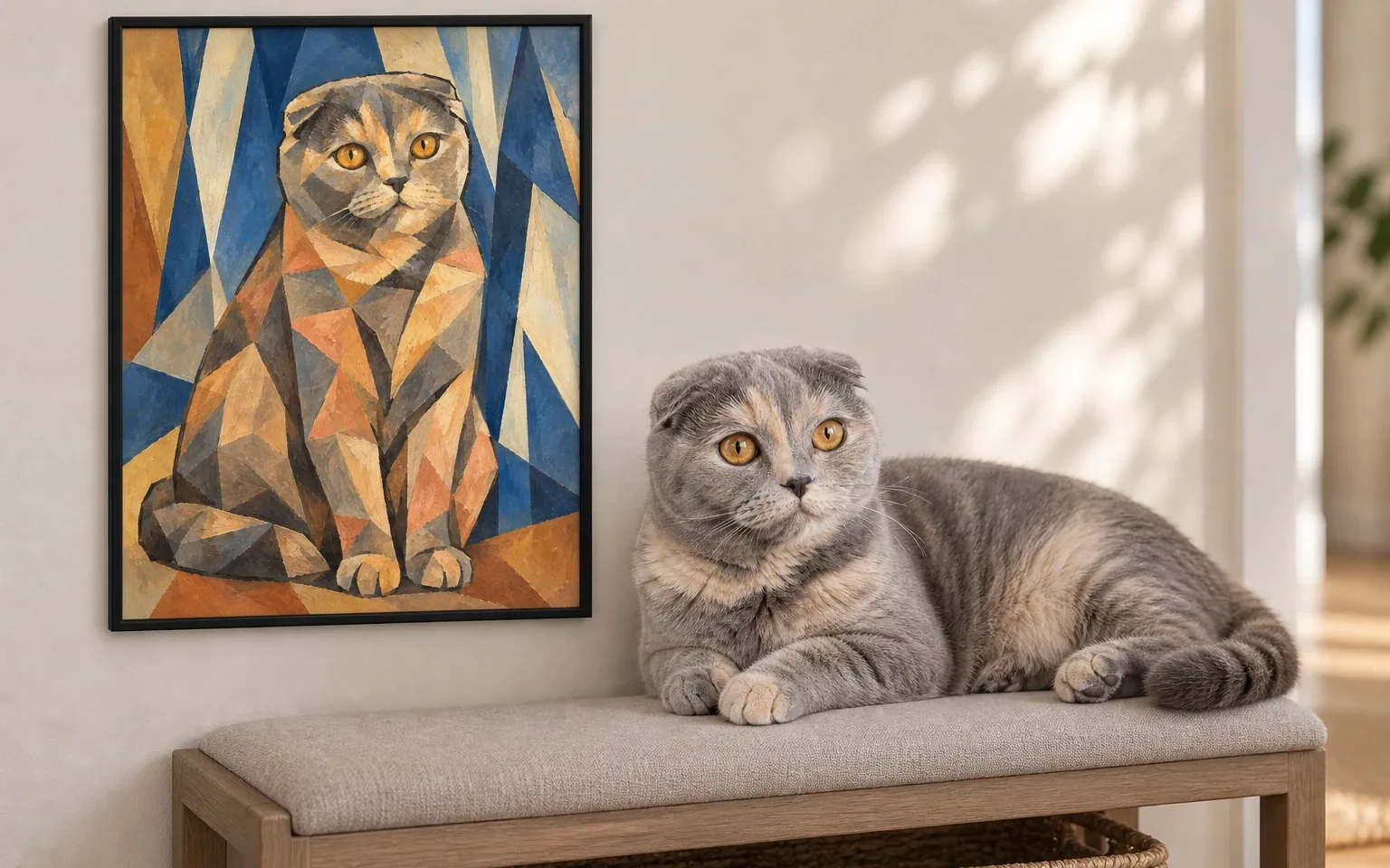 blue-cream Scottish Fold cat beside its framed portrait in a home display