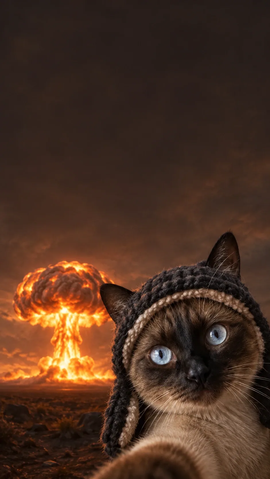 Huge innocent eyes peek from a dark wool hood while a mushroom cloud lights the horizon. generated from the same cat photo