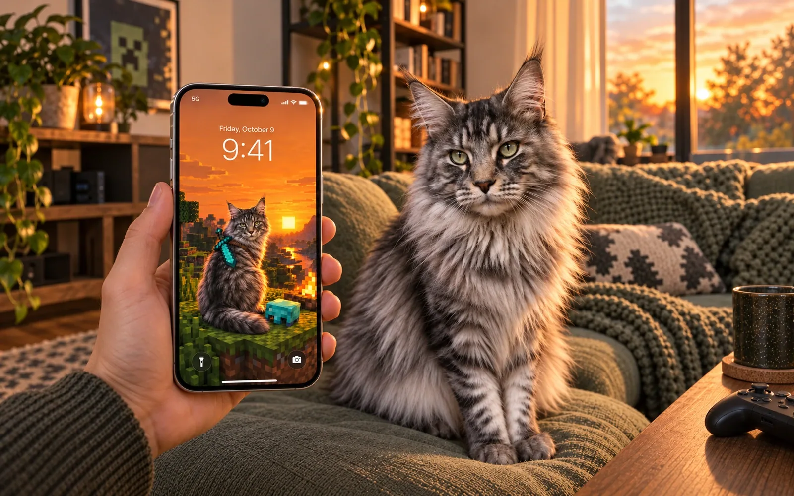A hand-held iPhone displaying minecraft campfire sunset cat wallpaper beside the same real cat in a cozy home gaming den with a sage fabric sofa and warm sunset window light