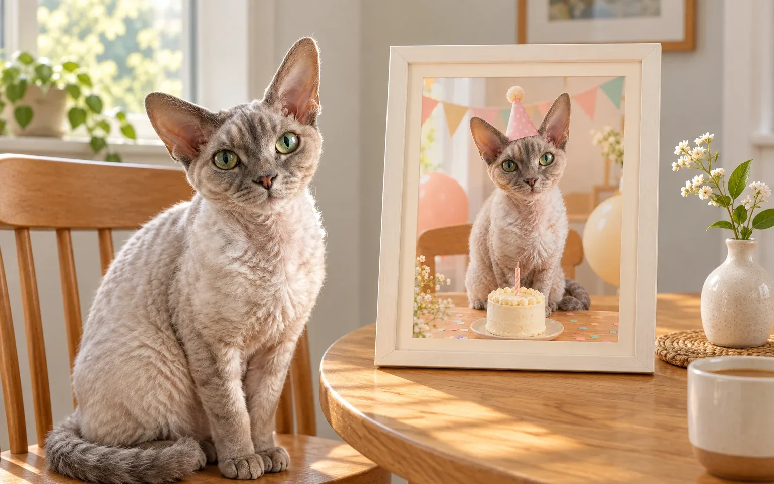 The same cream-and-gray Devon Rex in a natural home pose beside its framed birthday party digital portrait