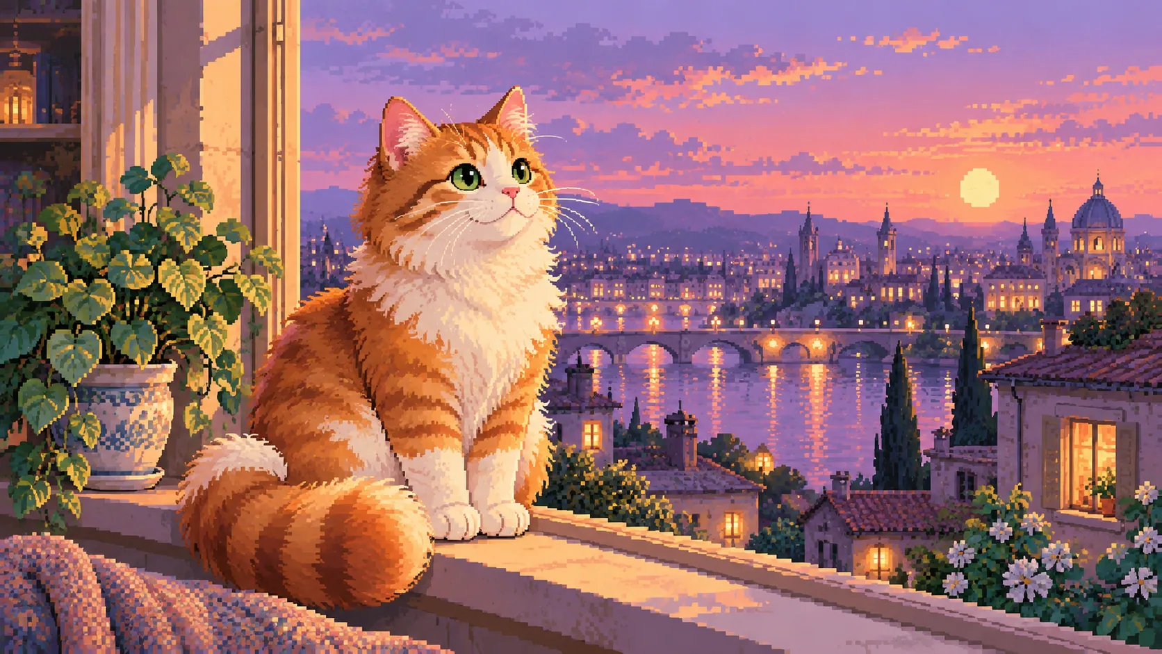 A detailed pixel-art orange cat on a cozy windowsill above a lavender evening city