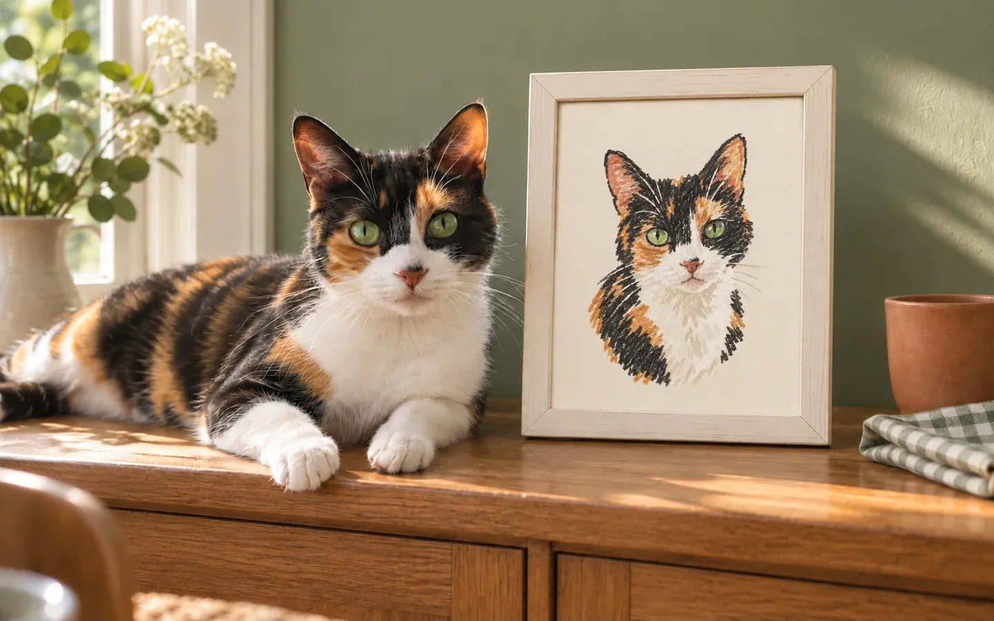 calico shorthair beside its framed portrait in a home display