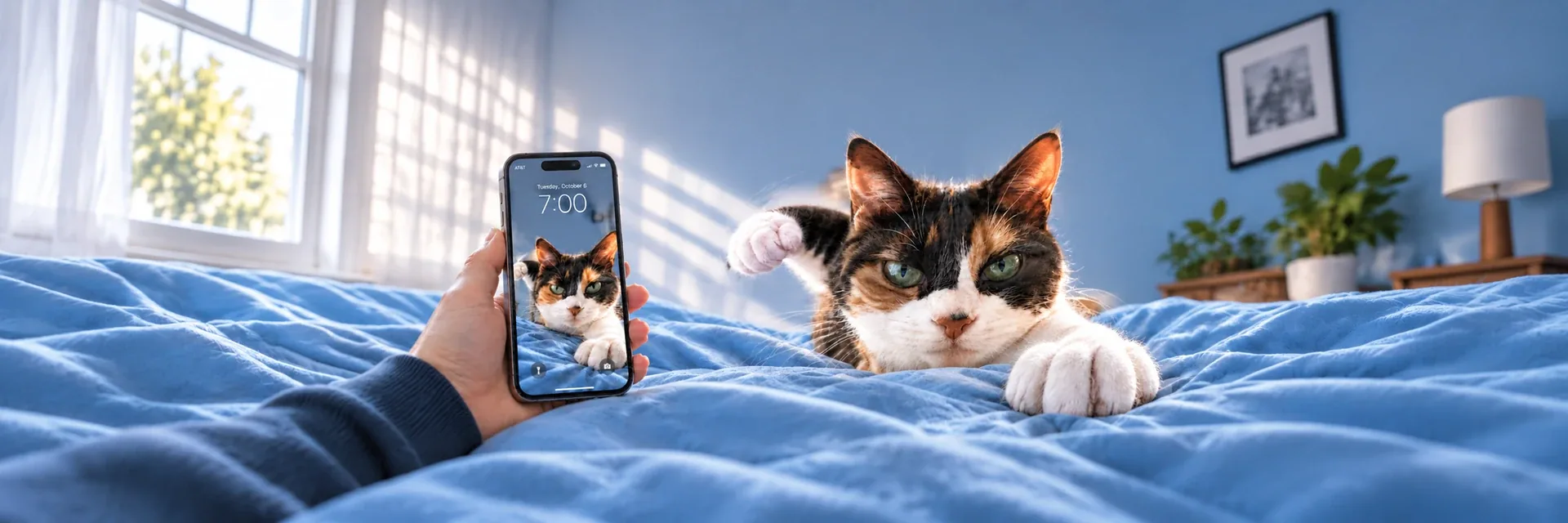 A hand-held titanium iPhone showing the 7:00 wallpaper beside a dramatic calico raising a fist over blue bedding