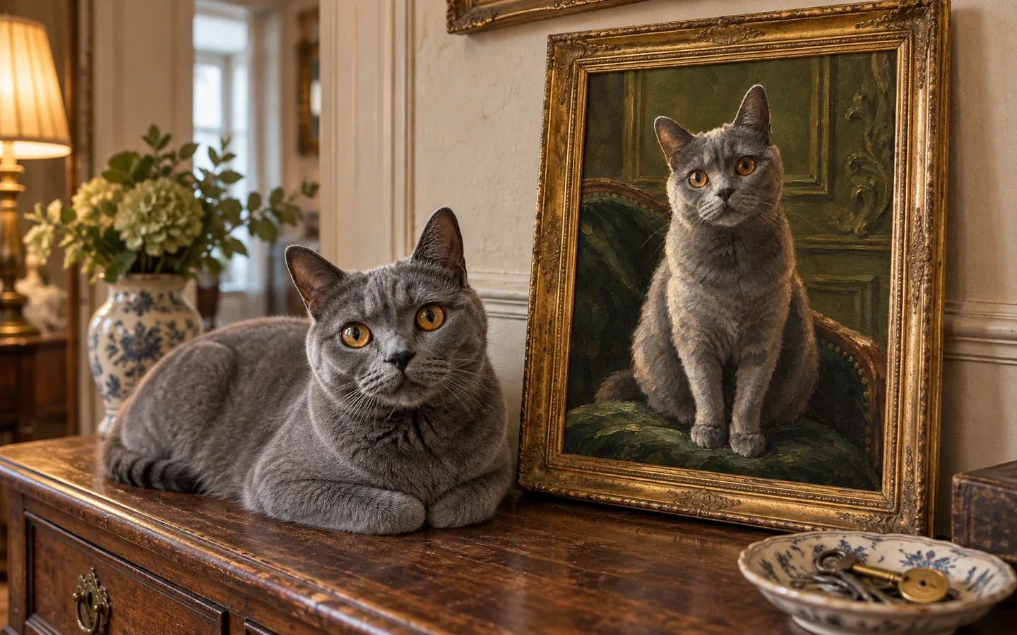 blue-gray Chartreux cat beside its framed portrait in a home display