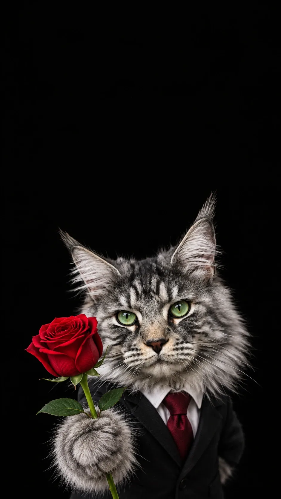 Your cat offers a single red rose in a tiny black suit against deep black. of the same silver tabby maine coon