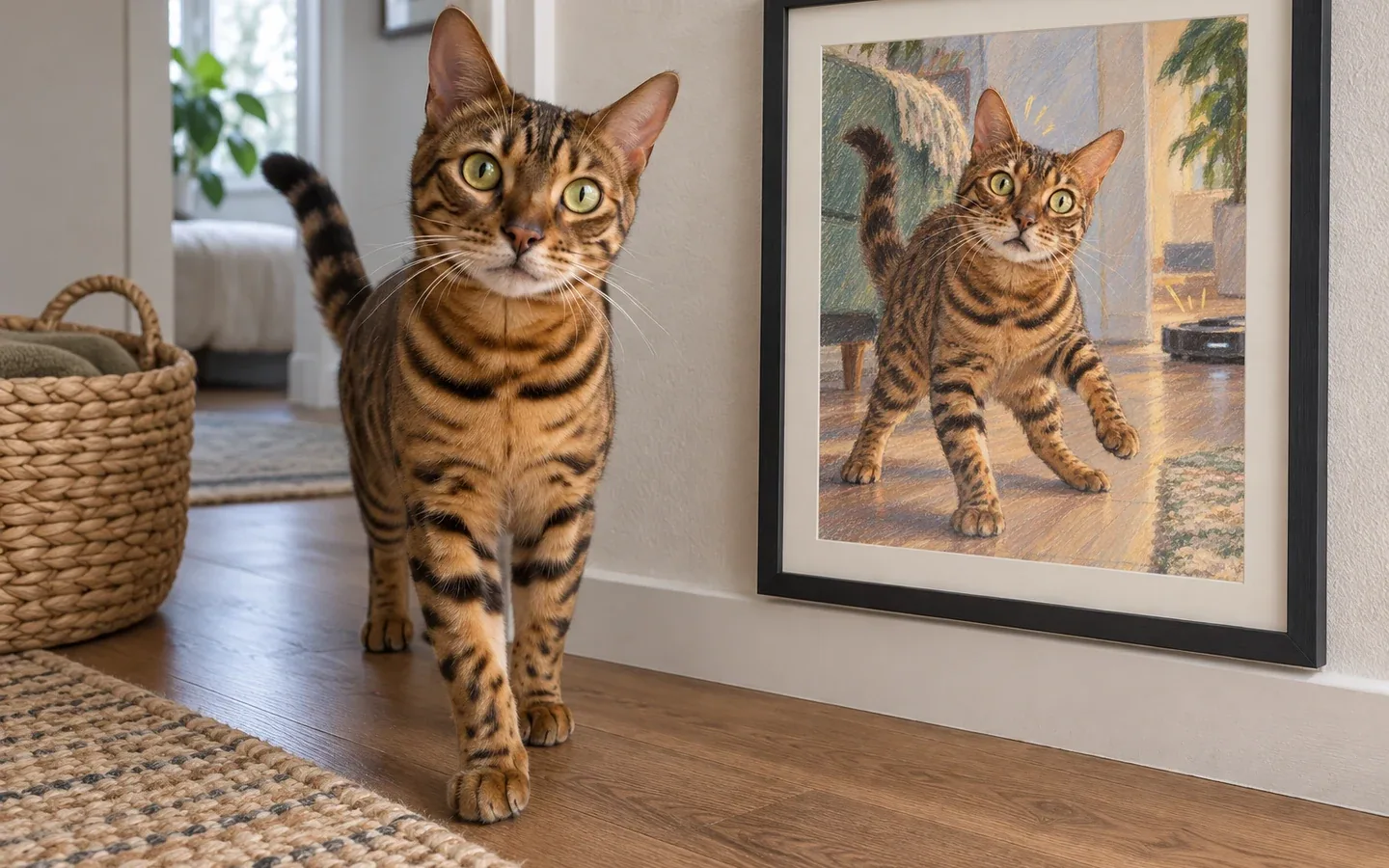 bengal cat beside its framed portrait in a home display