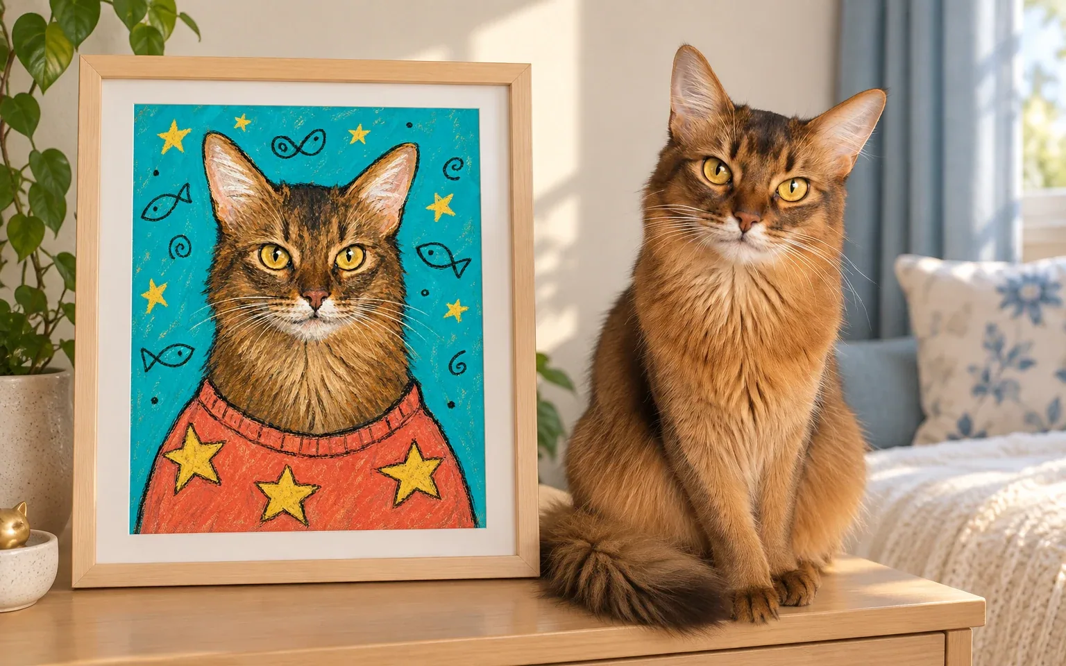 The same red somali in a natural home pose beside its framed retro comic doodle cat portrait