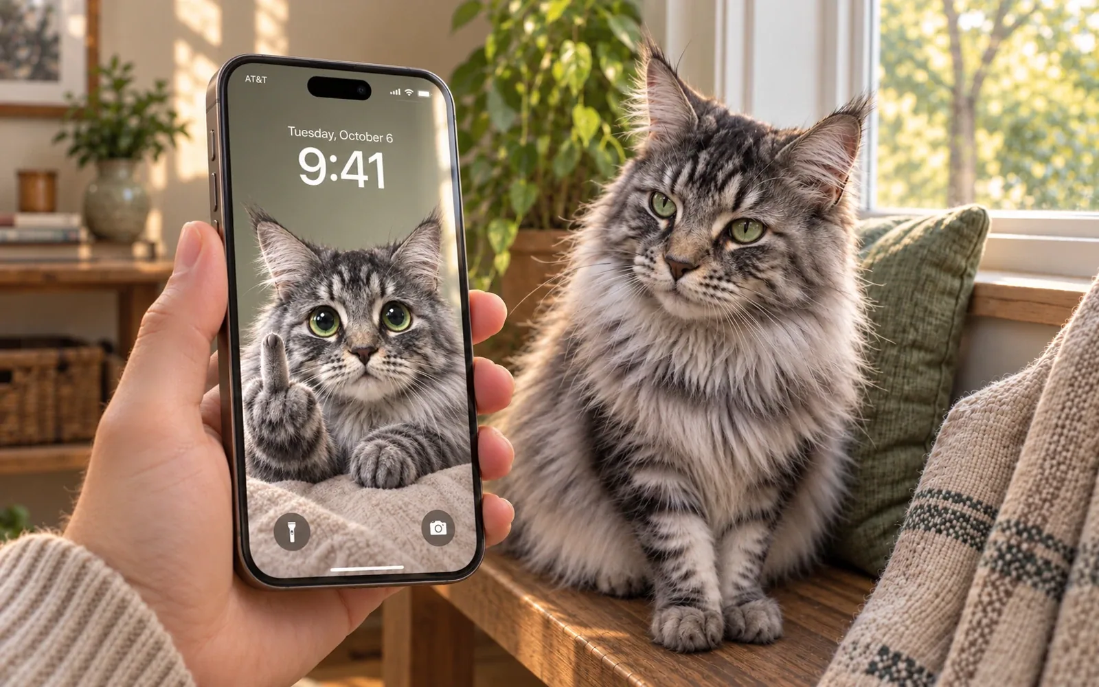 A hand holding a titanium iPhone with the 9:41 middle-finger wallpaper beside the same silver tabby Maine Coon turning toward it