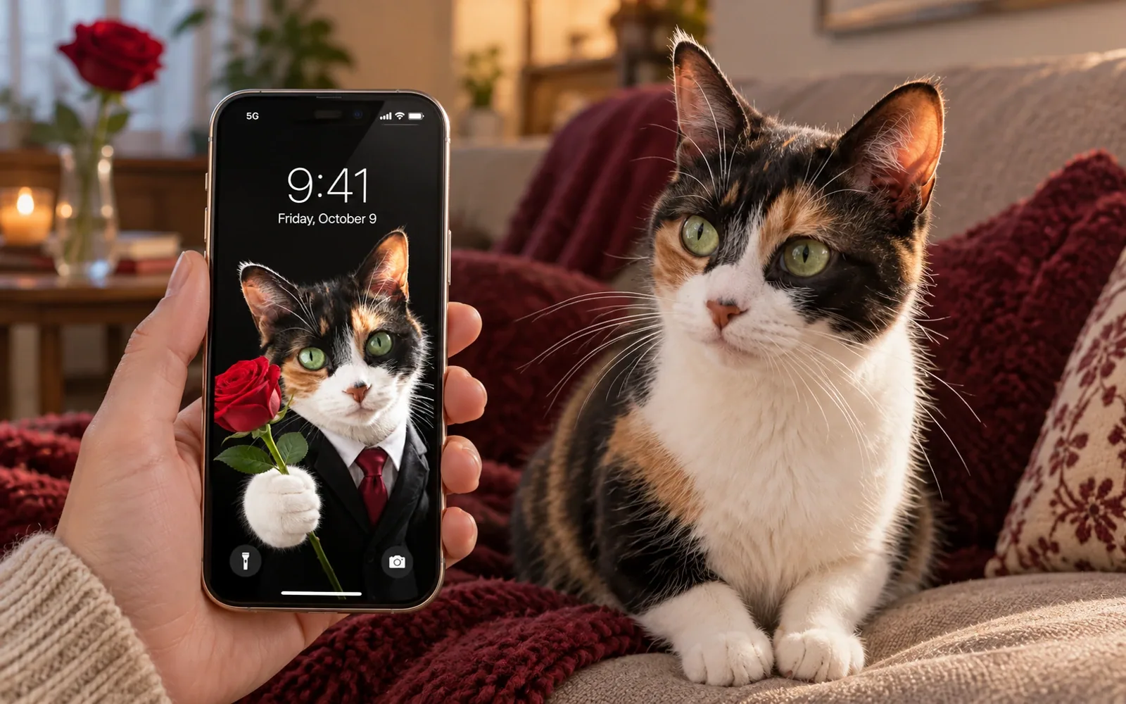 A hand-held iPhone displaying rose suit cat wallpaper beside the same real cat in a warm apartment sofa with burgundy throw and a single red rose in a glass on a distant table