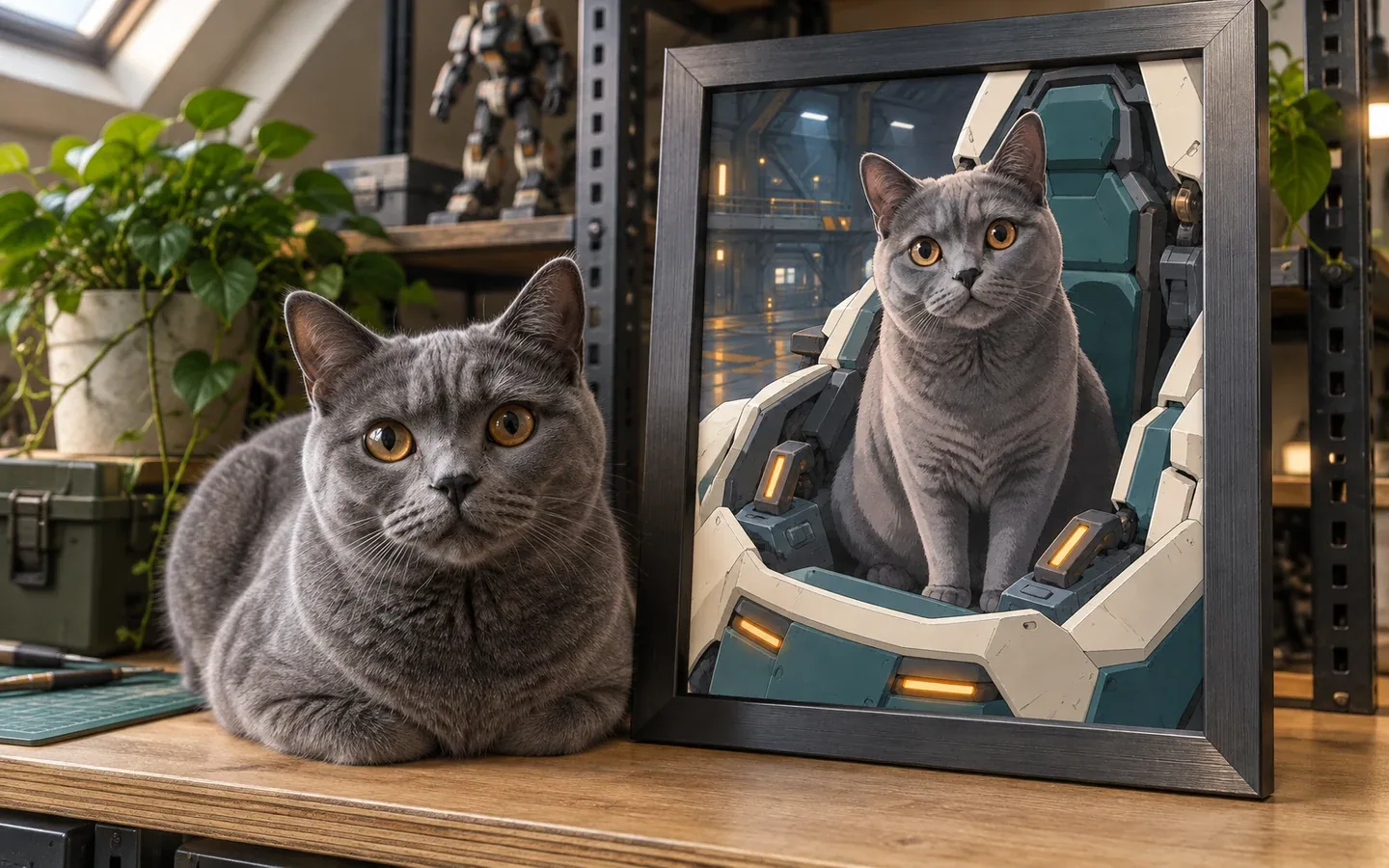 blue-gray Chartreux cat beside its framed portrait in a home display