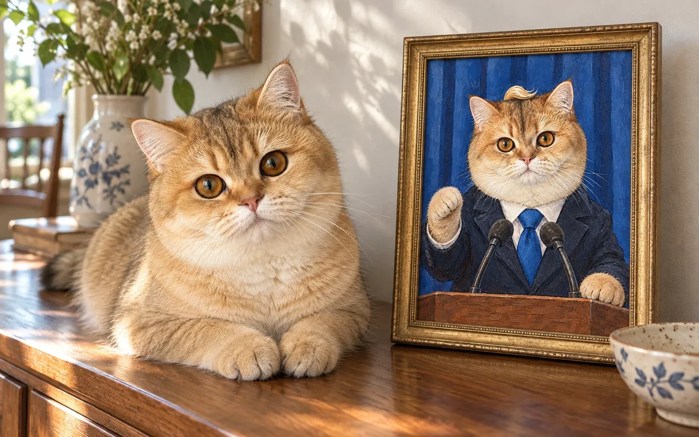british Longhair cat beside its framed portrait in a home display