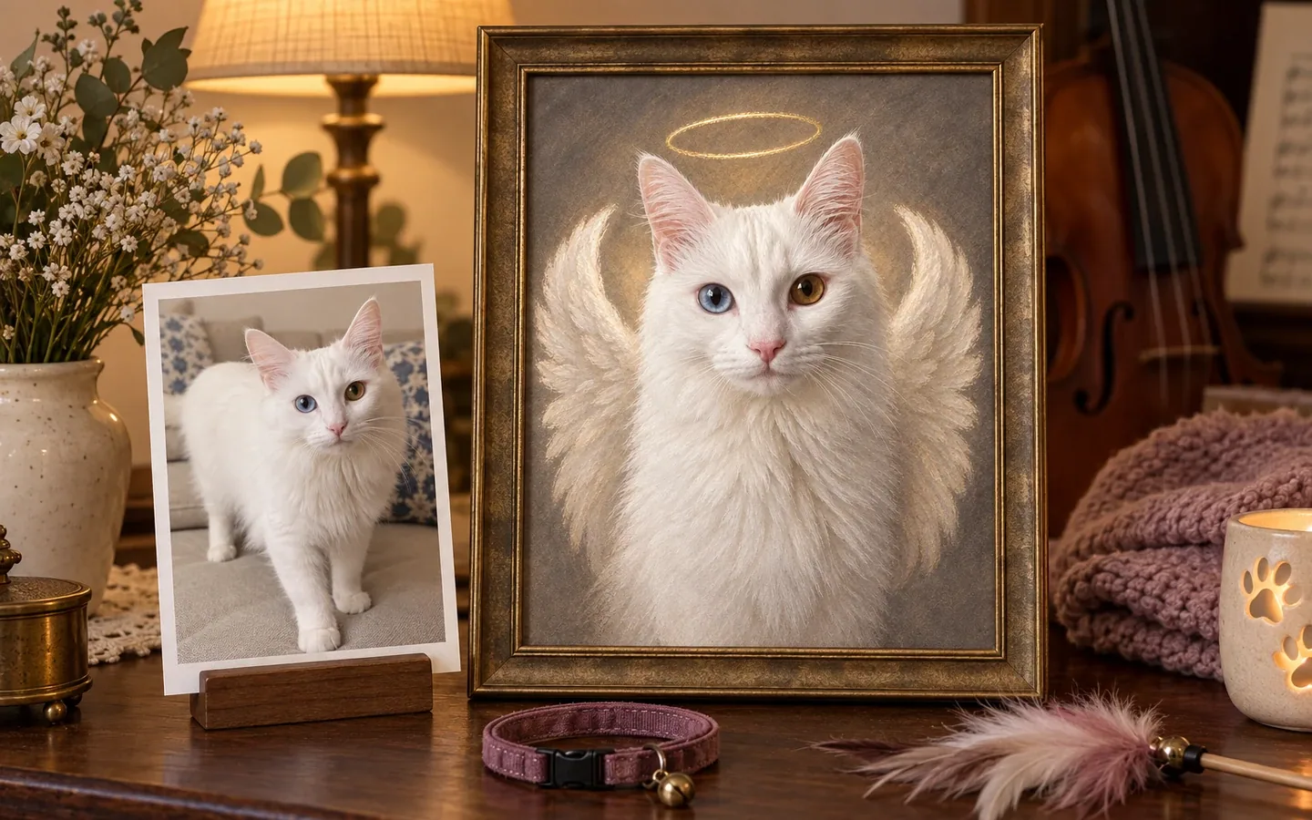 Framed Angel Wings Memorial artwork beside a printed lifetime photo of the same white odd-eyed cat, a collar and feather toy in a remembrance corner