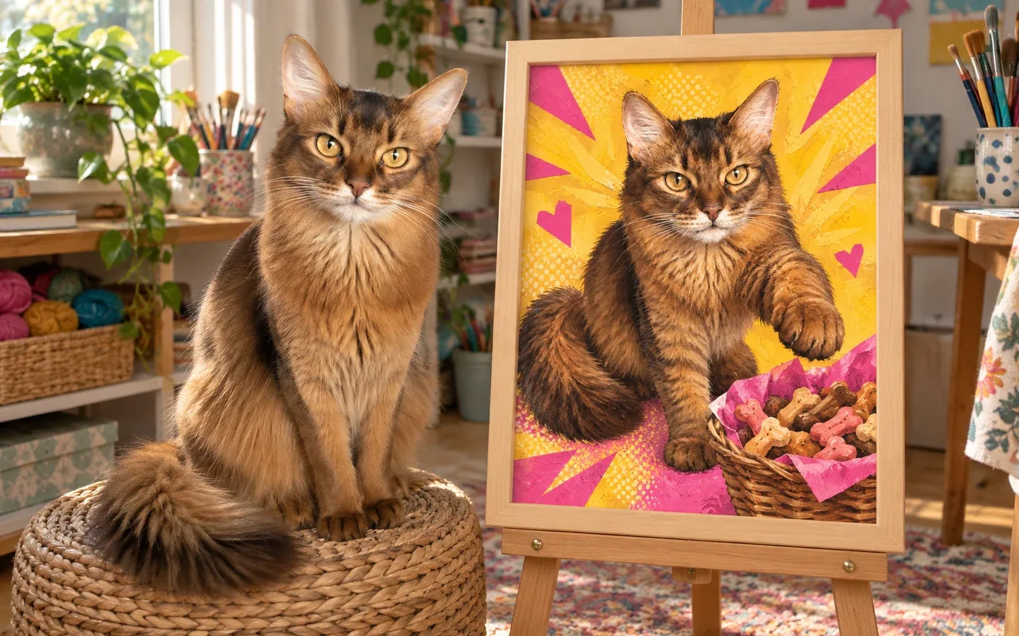 somali cat beside its framed portrait in a home display