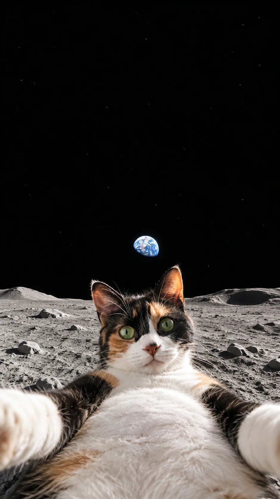 A wide-angle lunar selfie puts your cat’s round belly and outstretched paws front and center. of the same calico shorthair