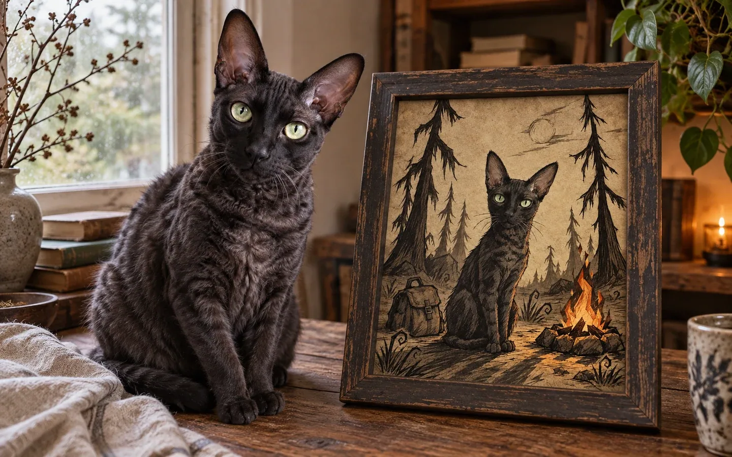 black-smoke Cornish Rex cat beside its framed portrait in a home display