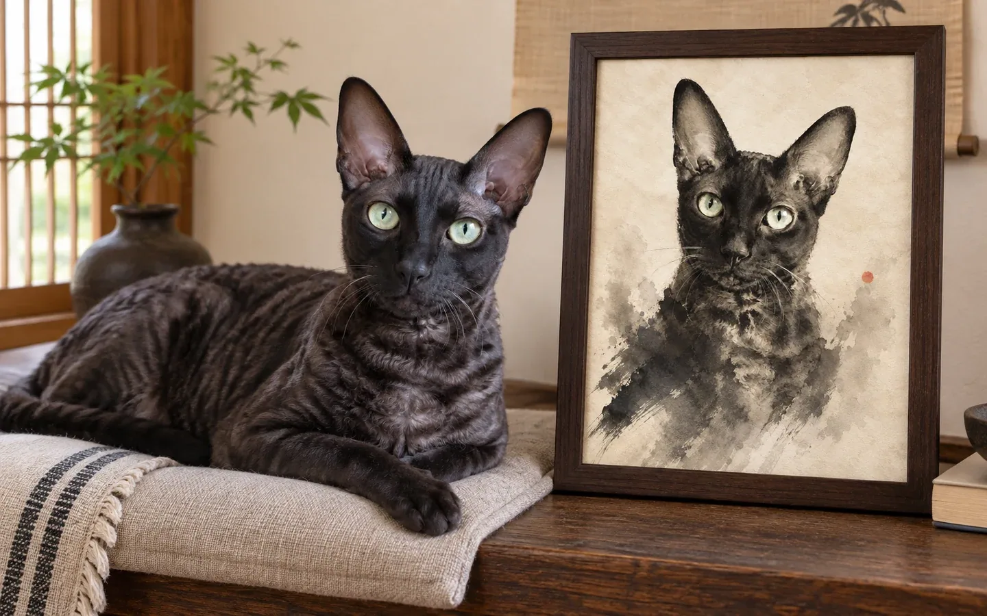 black-smoke Cornish Rex cat beside its framed portrait in a home display