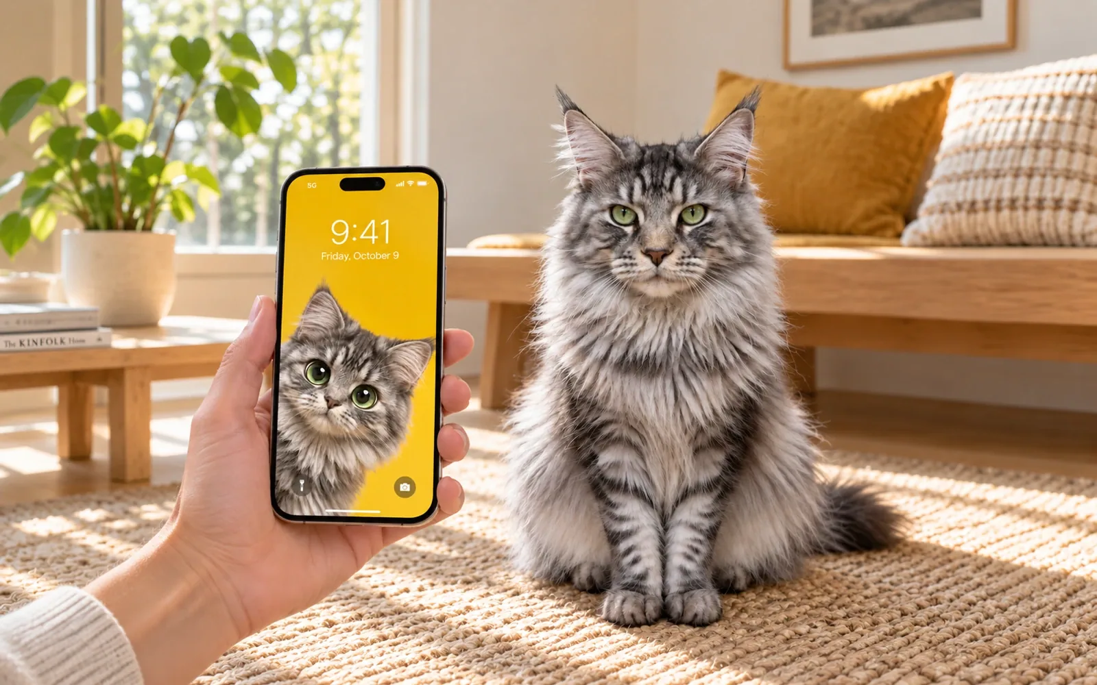 A hand-held iPhone displaying yellow peek cat wallpaper beside the same real cat in a sunlit bright living room with pale oak bench and ochre cushion
