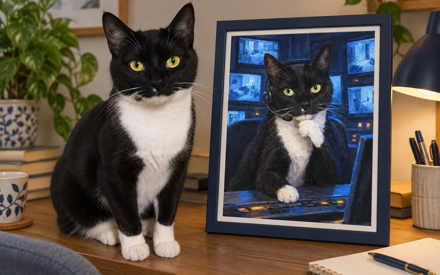 tuxedo cat beside its framed portrait in a home display