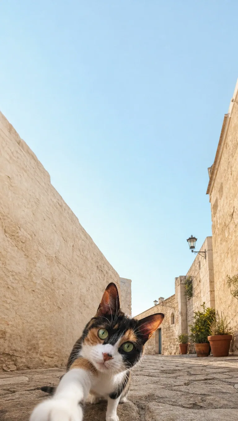A tilted, wide-eyed cat selfie catches warm stone walls and a slice of blue sky. of the same calico shorthair