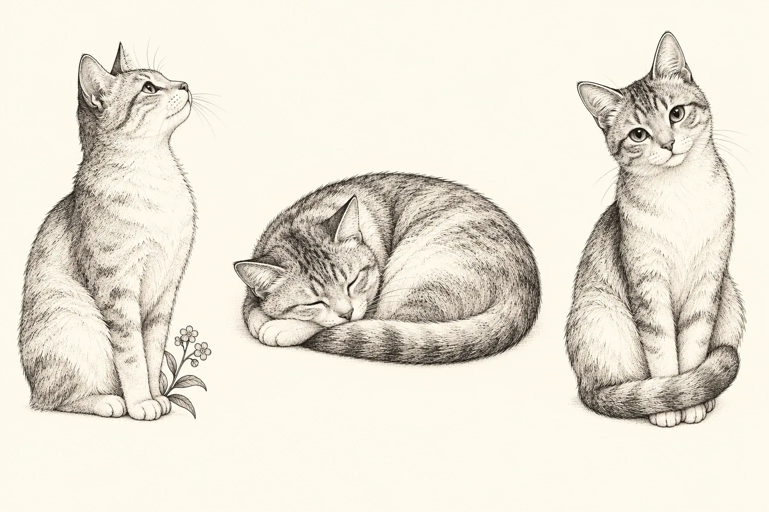 Three refined ink cat concepts: an upward profile, sleeping curl and seated pose.