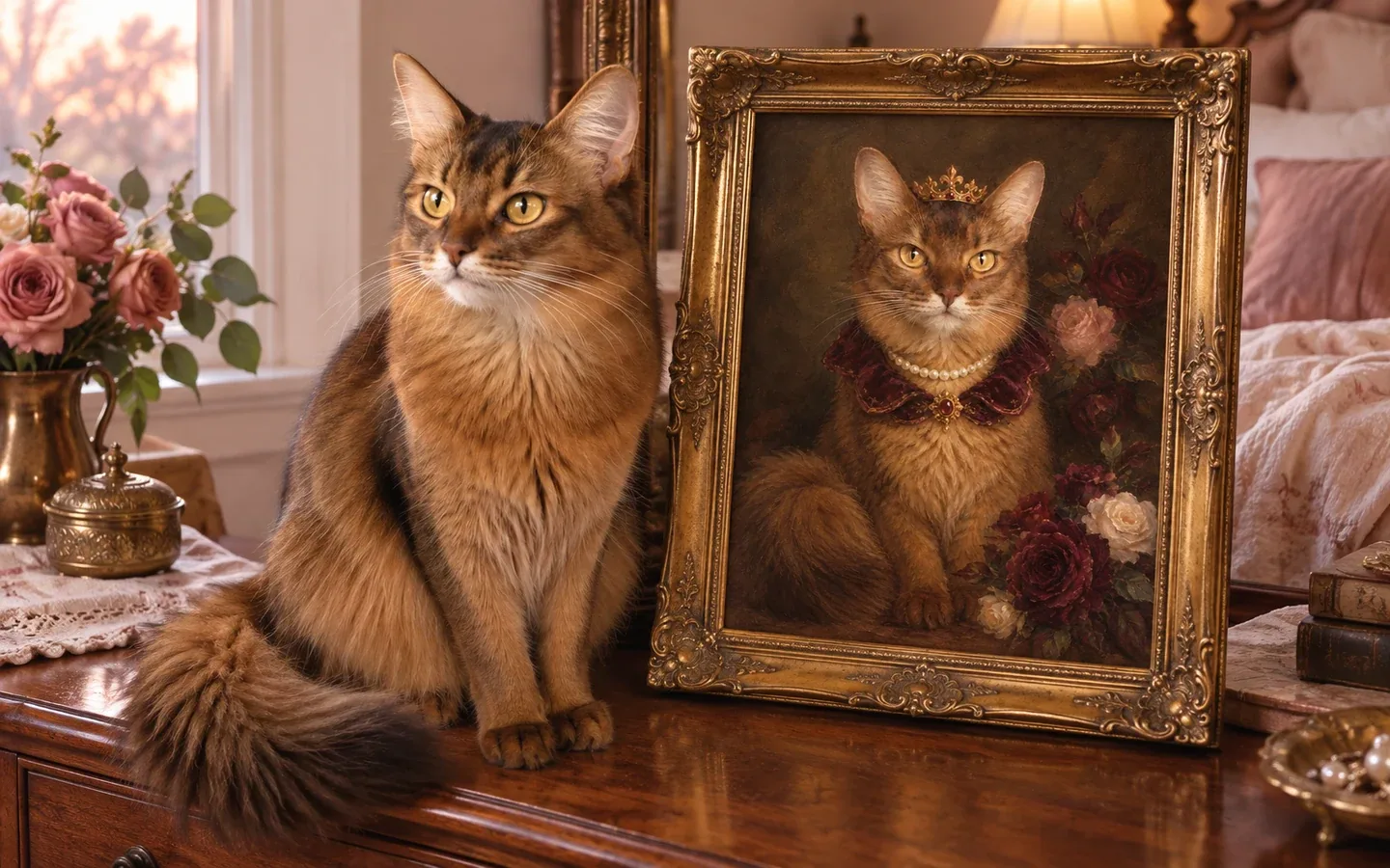 red Somali cat beside its framed portrait in a home display