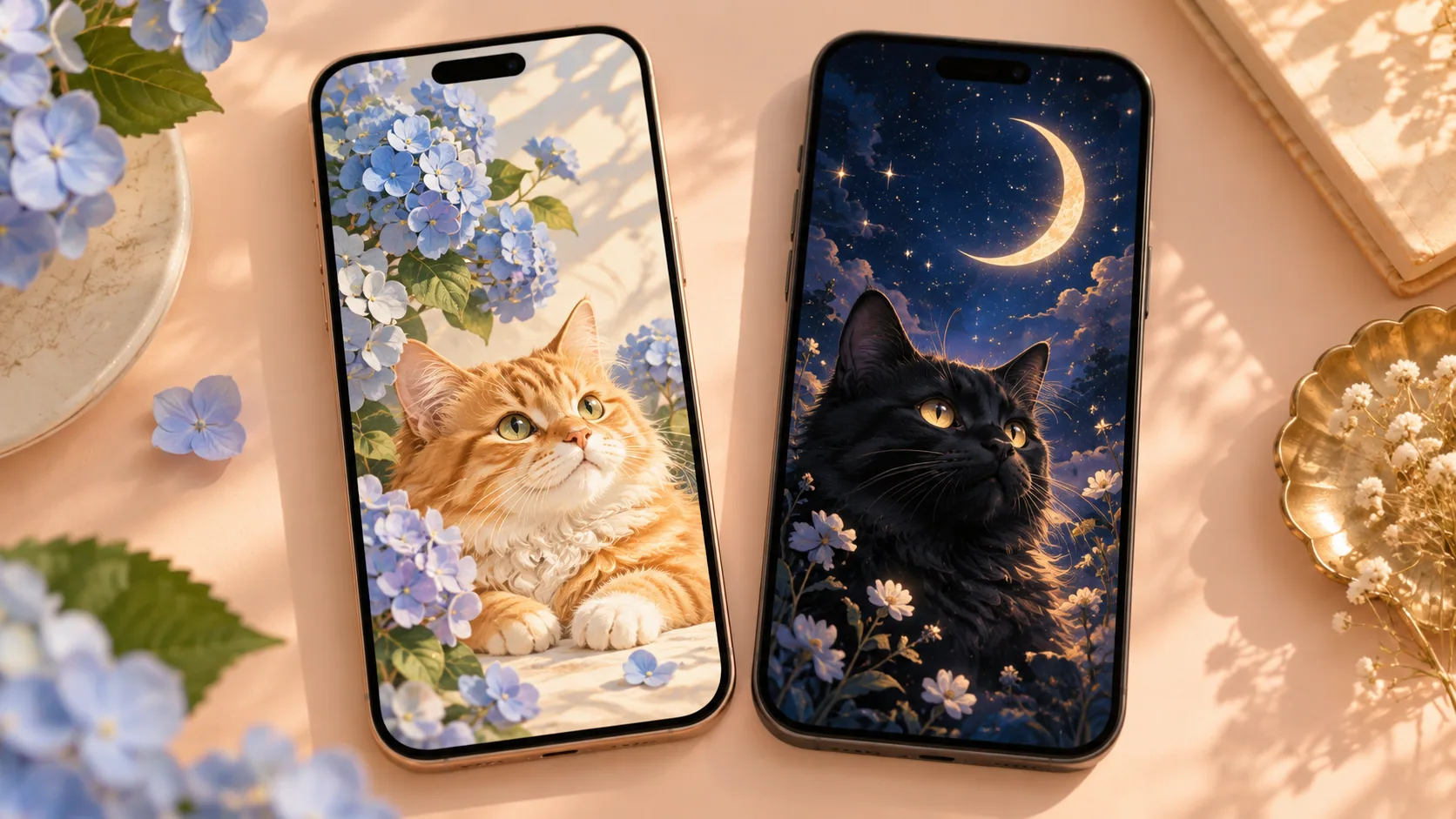 Cat Phone Wallpapers: Original Downloads for Your Lock Screen Two phones showing floral ginger-cat and moonlit black-cat wallpaper concepts