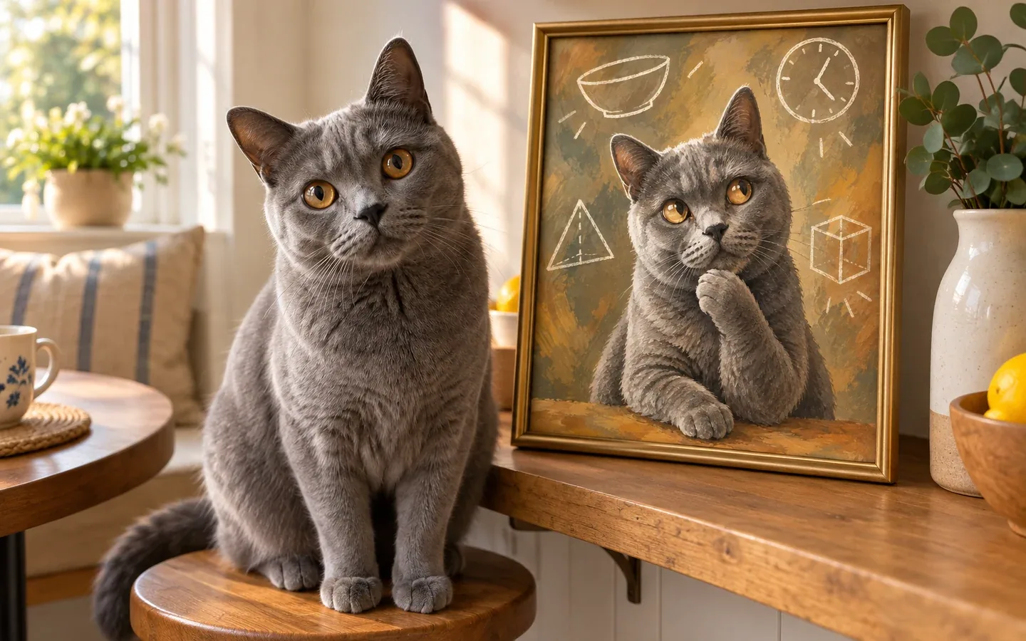 chartreux cat beside its framed portrait in a home display